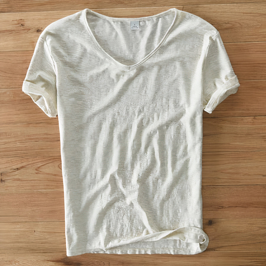 Men's fashion: a black v-neck summer t-shirt, versatile for everyday wear.