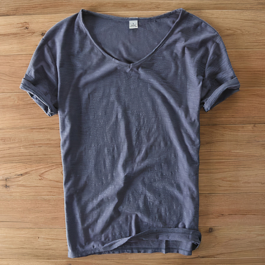 Front view of a men's grey casual V-neck t-shirt, emphasizing relaxed fit and comfort.