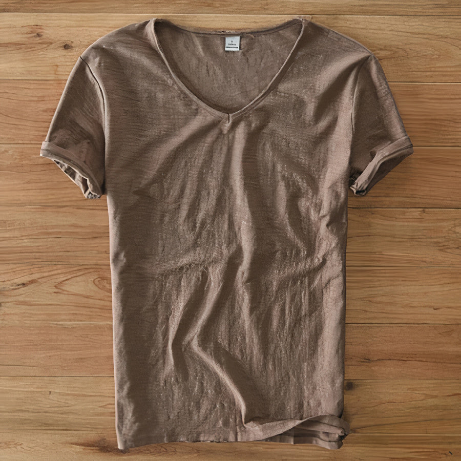 Lightweight, breathable men's v-neck t-shirt in green, essential for summer apparel.