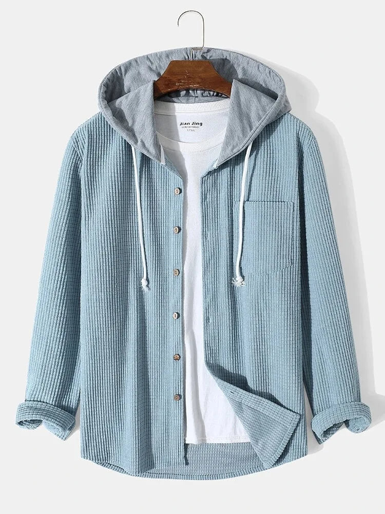 Men's casual waffle knit hoodie shirt, perfect for comfortable everyday layering in spring or fall.