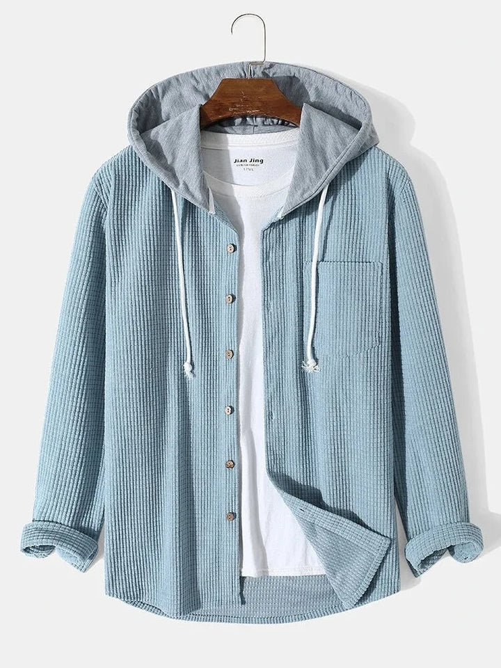 Men's casual waffle knit hoodie shirt, perfect for comfortable everyday layering in spring or fall.