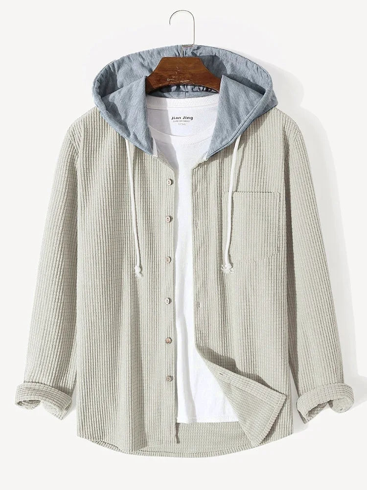 Versatile men's long sleeve waffle knit hoodie shirt, ideal for casual layering or standalone wear.