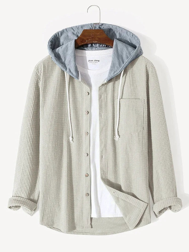 Versatile men's long sleeve waffle knit hoodie shirt, ideal for casual layering or standalone wear.