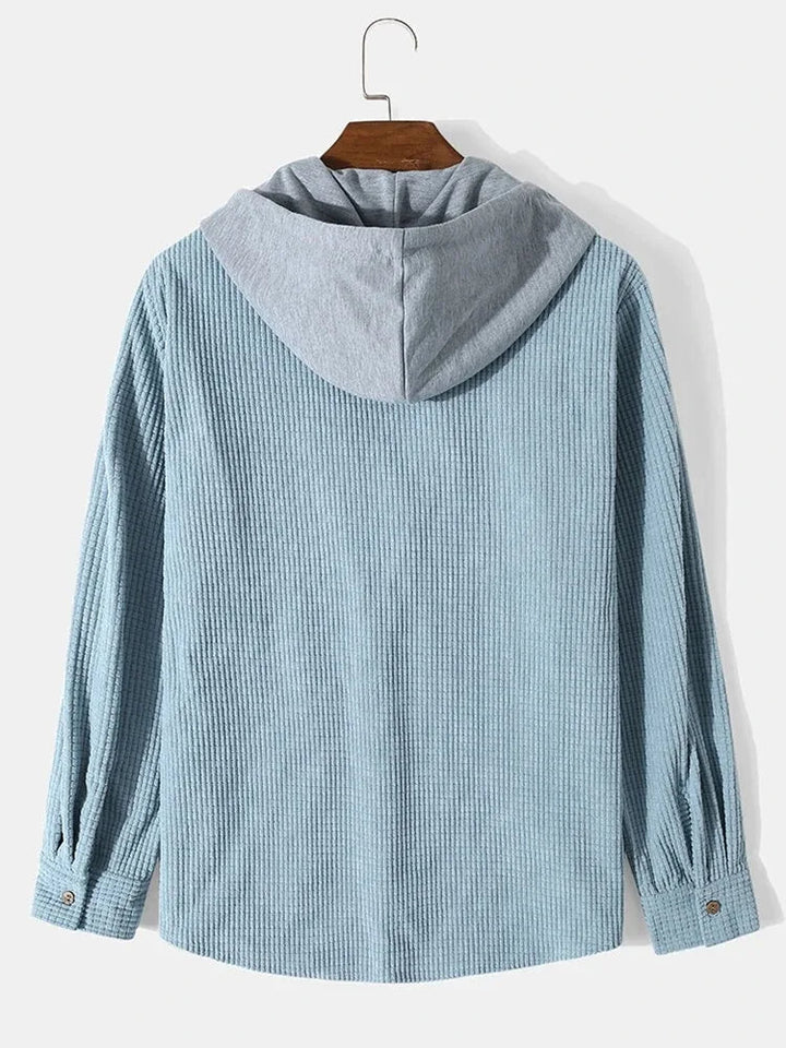 Relaxed fit men's long sleeve waffle knit hoodie shirt, offering soft comfort and breathability.