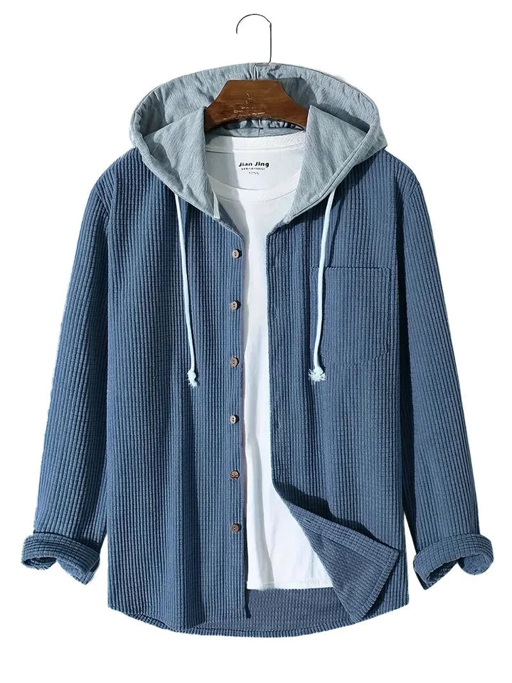 Lightweight men's waffle knit hoodie shirt, a comfortable layering top for spring and fall outfits.