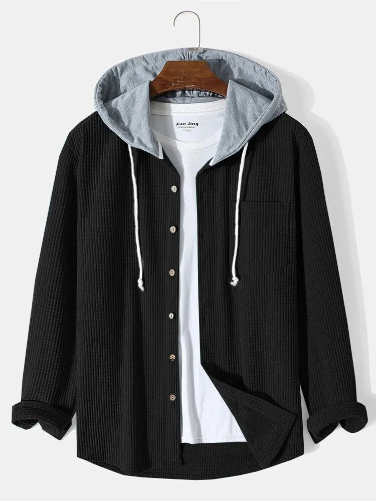Men's casual waffle knit hoodie shirt with a comfortable hood, great for layering in cooler weather.