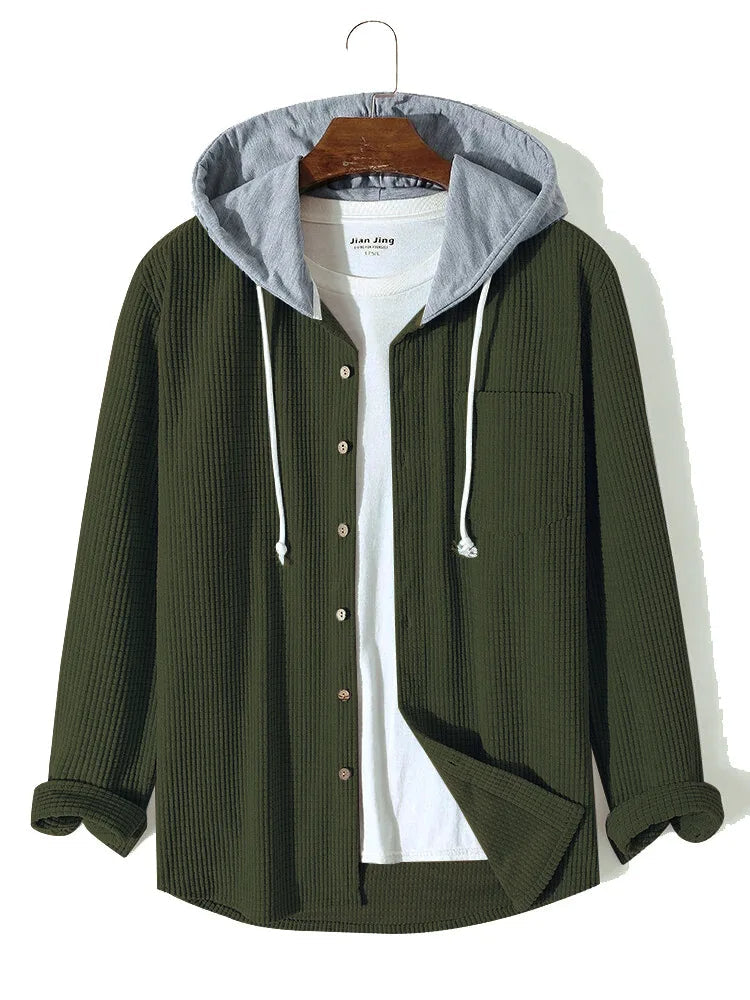 Everyday men's waffle knit hoodie shirt, an essential long sleeve layering top for fall and spring.
