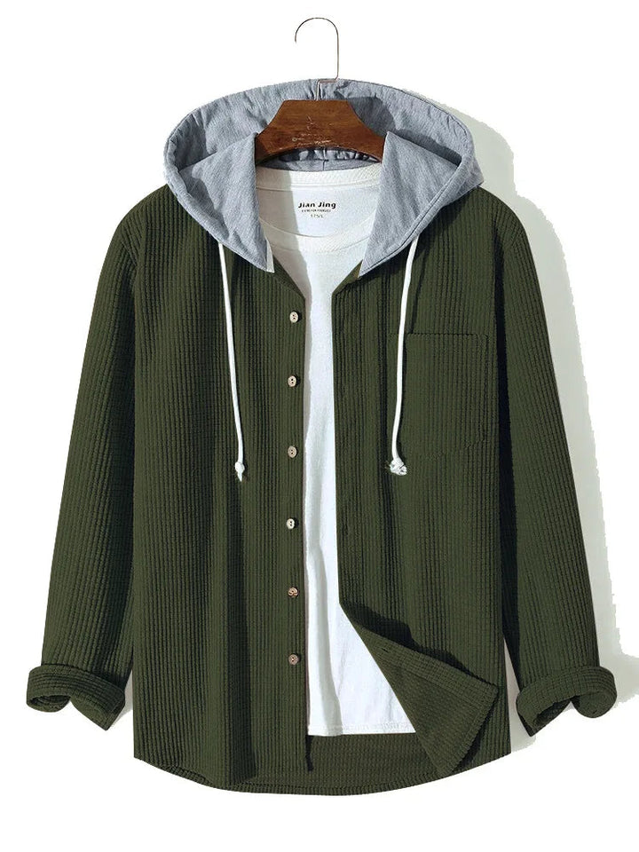 Everyday men's waffle knit hoodie shirt, an essential long sleeve layering top for fall and spring.
