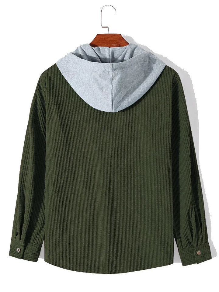 Stylish men's casual waffle knit hoodie shirt, a comfortable outerwear top for relaxed everyday wear.