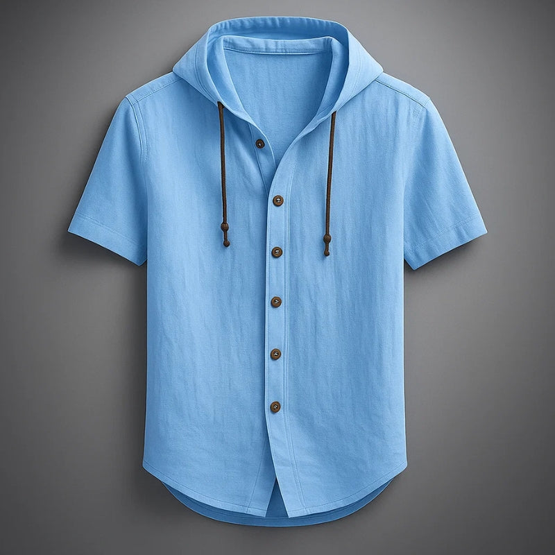 Modern men's short sleeve hooded shirt by Cavo. Lightweight & stylish for spring, summer, and beach outfits.