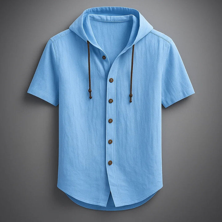 Modern men's short sleeve hooded shirt by Cavo. Lightweight & stylish for spring, summer, and beach outfits.