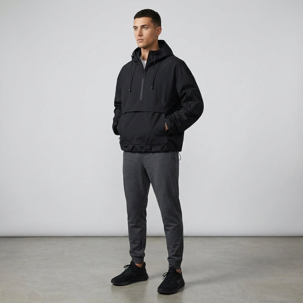 Sporty men's anorak windbreaker in navy blue, water-repellent activewear