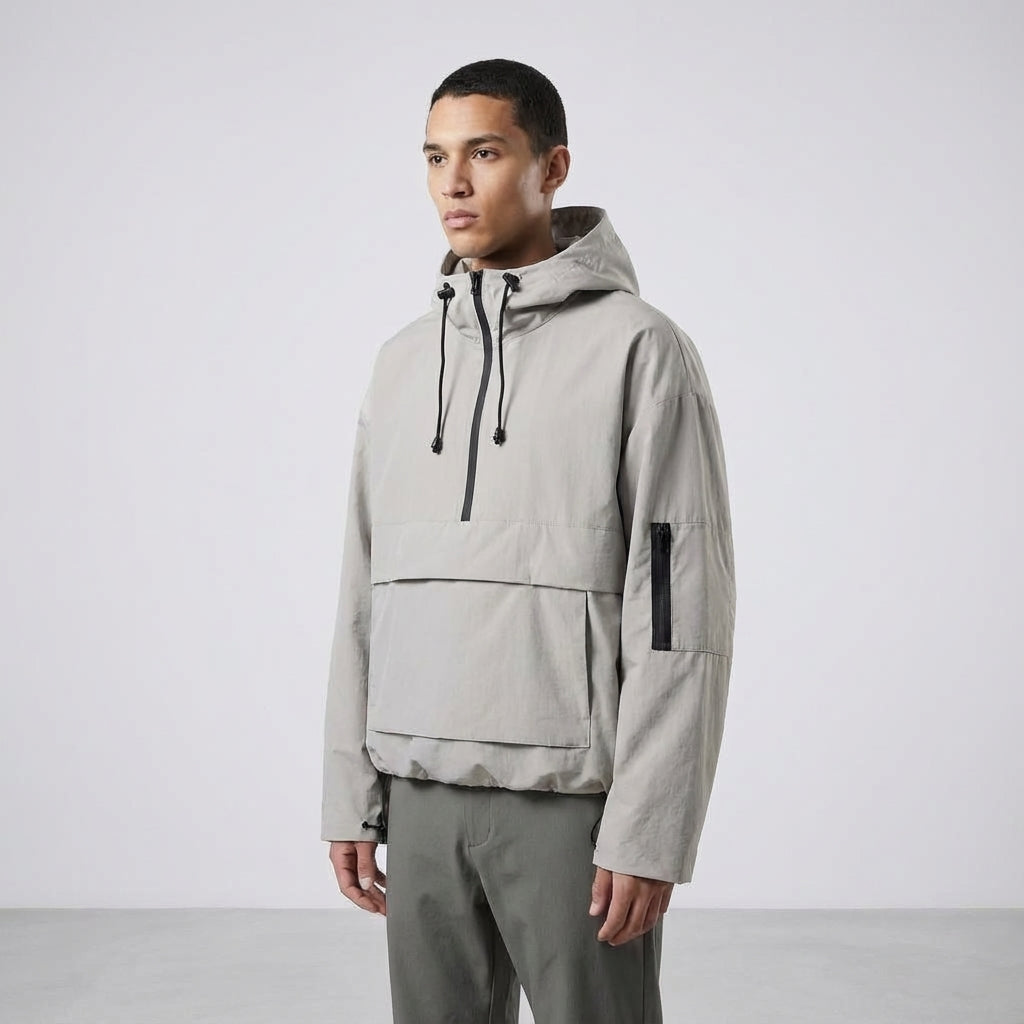 Water-repellent men's anorak jacket, forest green, with practical front pocket