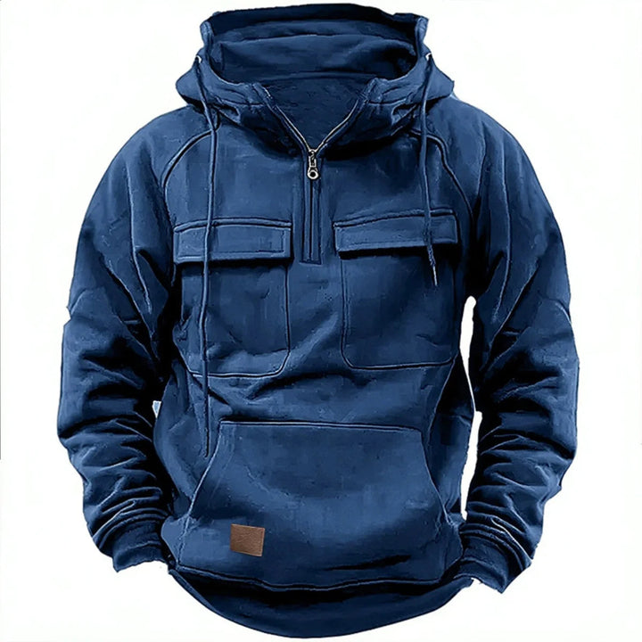 Men's charcoal quarter-zip utility hoodie. Urban style, warm pullover perfect for casual wear & outdoor comfort.