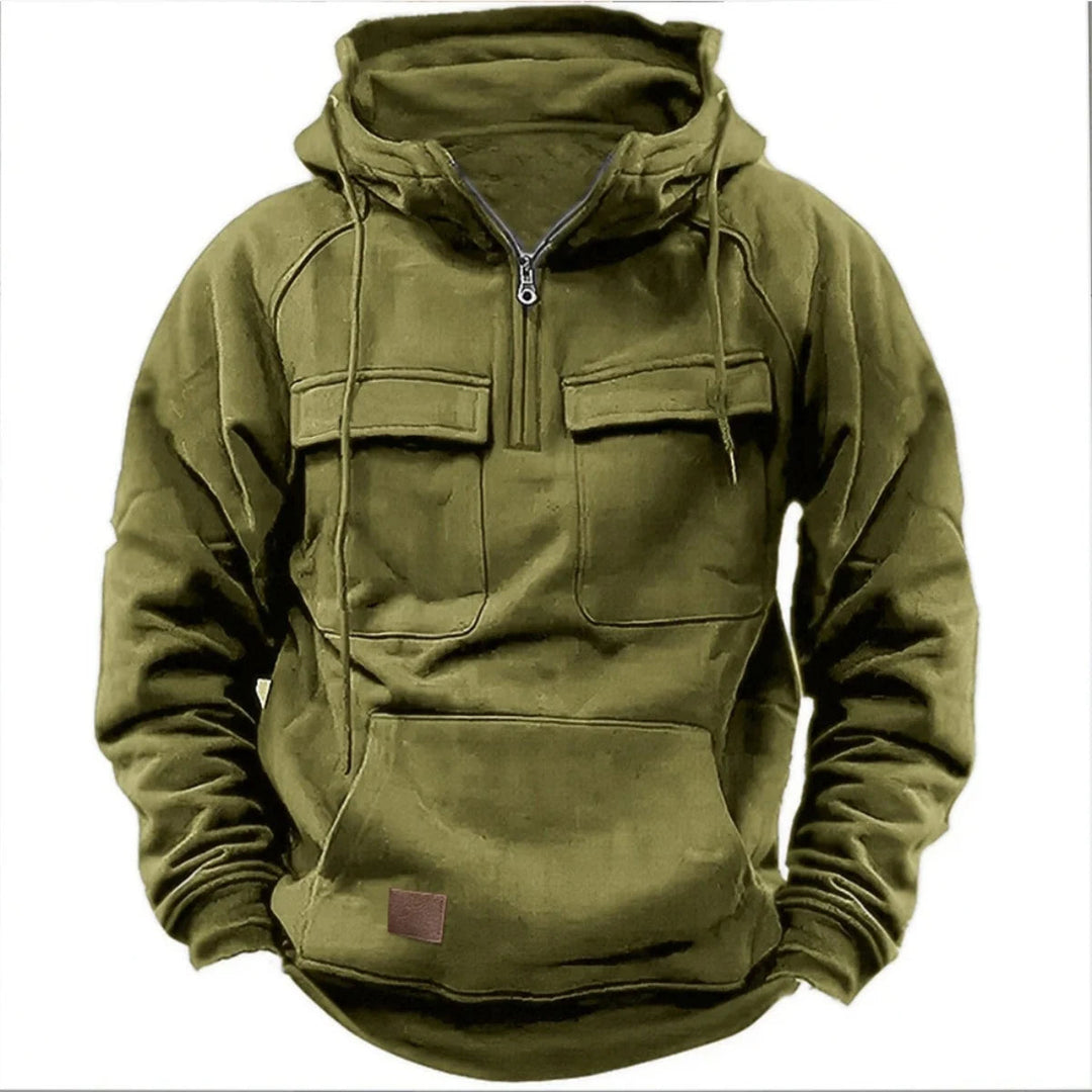 Man wearing a warm men's quarter-zip utility hoodie, perfect for urban style, casual wear & outdoor comfort.