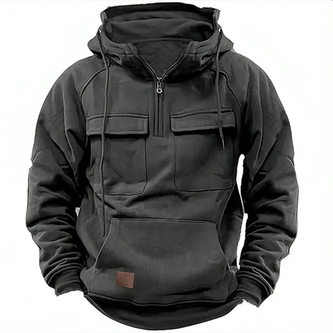 Dark gray textured men's pullover utility hoodie, offering warmth and modern urban style for any casual outfit.