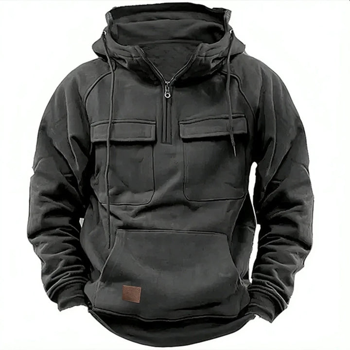 Dark gray textured men's pullover utility hoodie, offering warmth and modern urban style for any casual outfit.