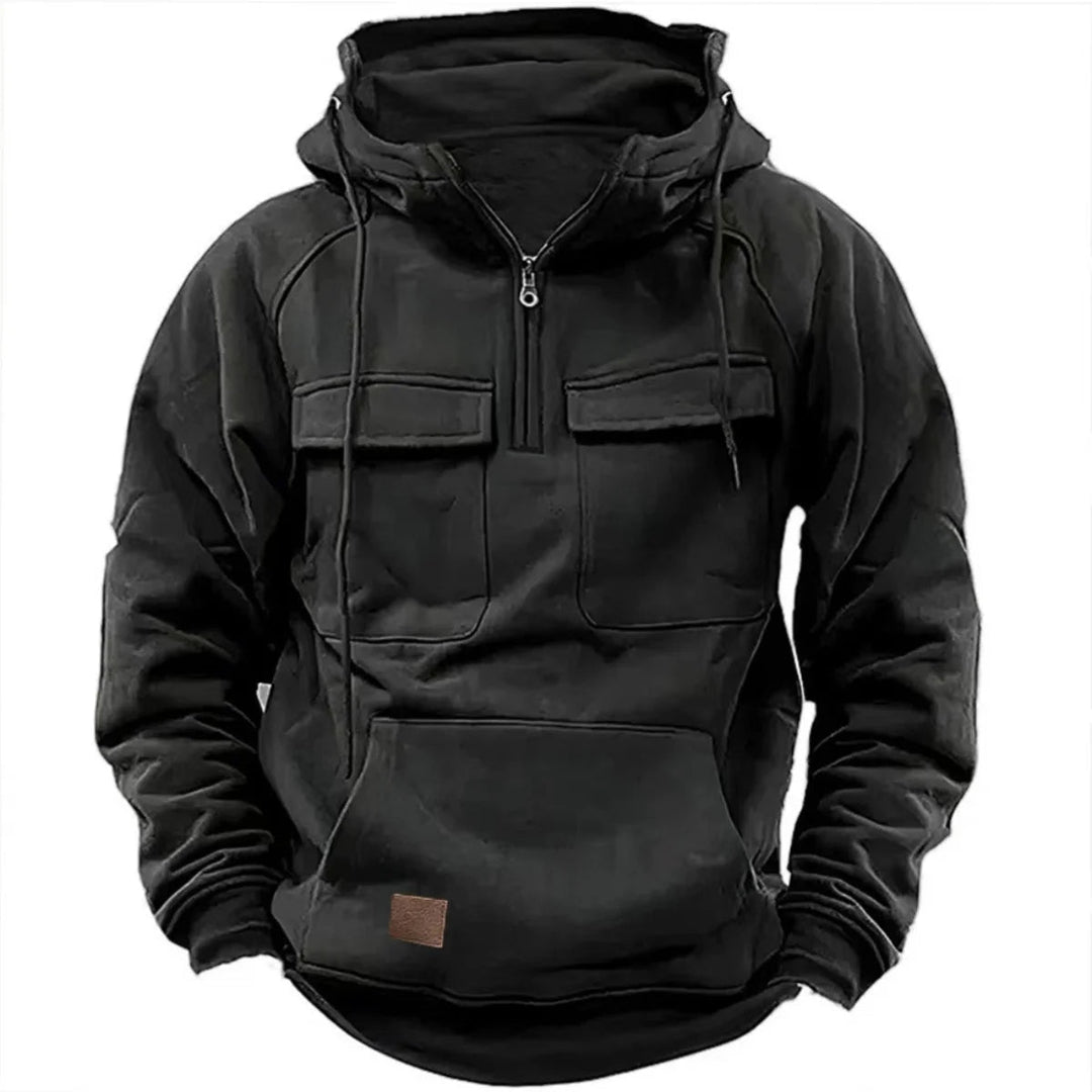 Sleek men's quarter-zip utility hoodie, a versatile pullover for urban streetwear, warmth & casual comfort.