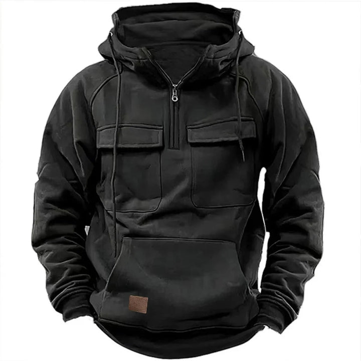 Sleek men's quarter-zip utility hoodie, a versatile pullover for urban streetwear, warmth & casual comfort.