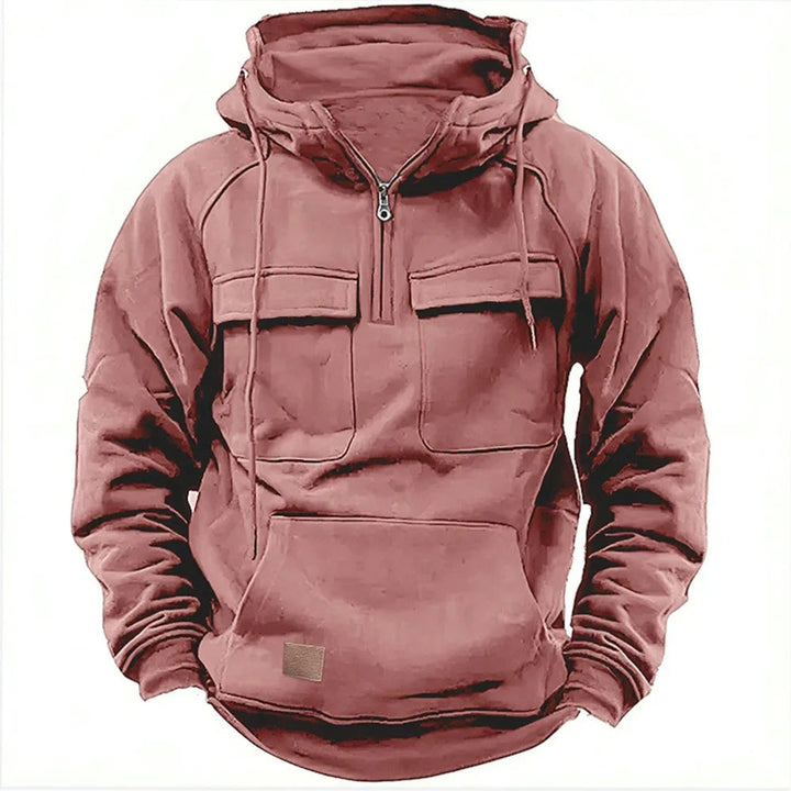 Men's quarter-zip utility hoodie laid flat, highlighting its design for men's fashion, streetwear & warmth.