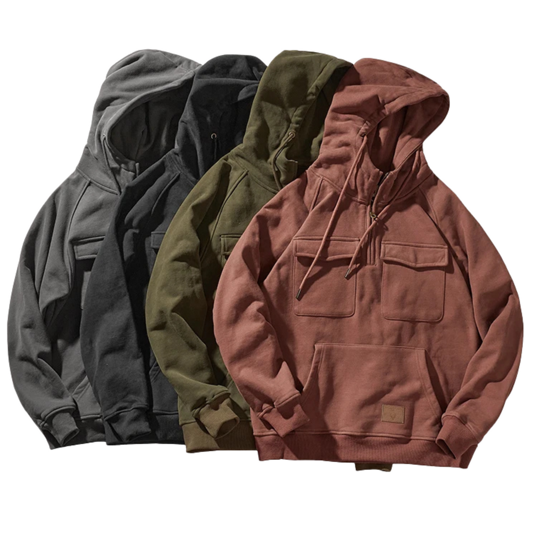 Urban style men's quarter-zip hoodie with a cozy hood, great for warmth, casual wear & outdoor comfort.