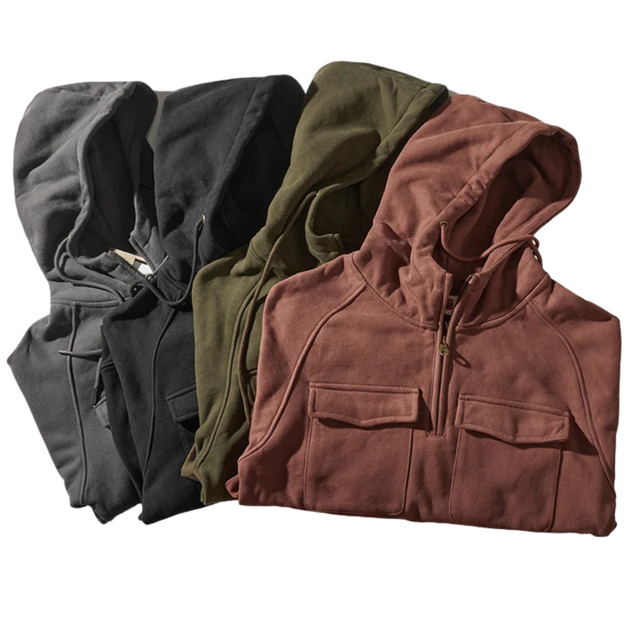 Stylish men's quarter-zip utility hoodie, an essential warm pullover for streetwear, urban fashion & comfort.