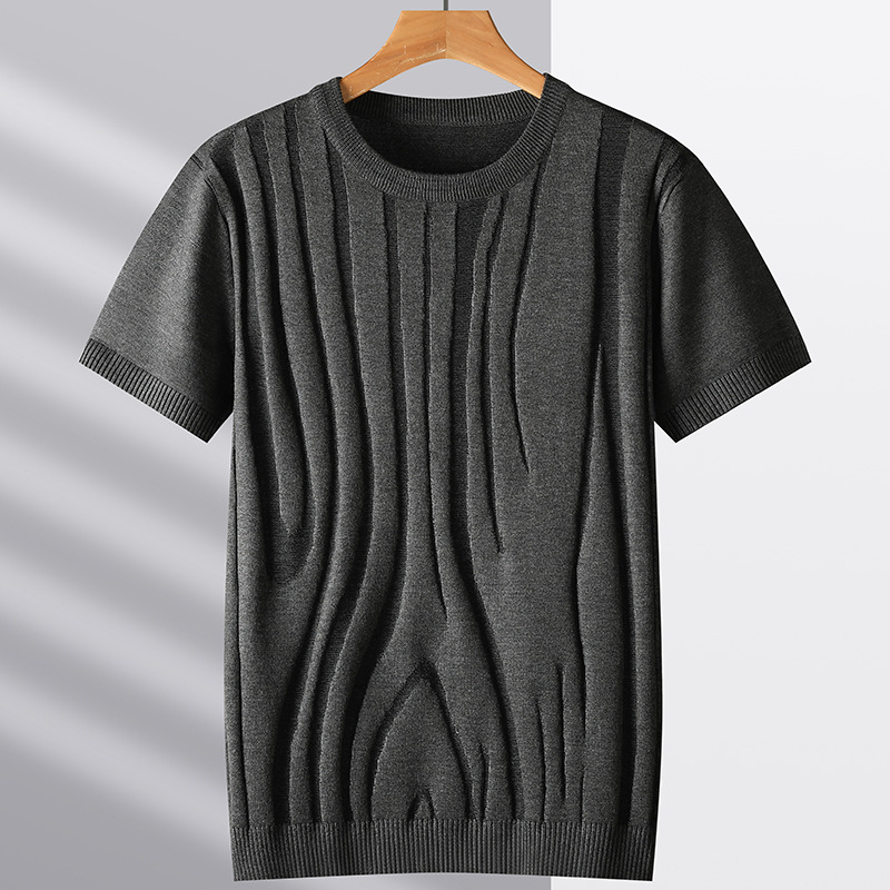 Men's charcoal textured knit tee with unique sculpted woodgrain design. Casual, breathable men's fashion.