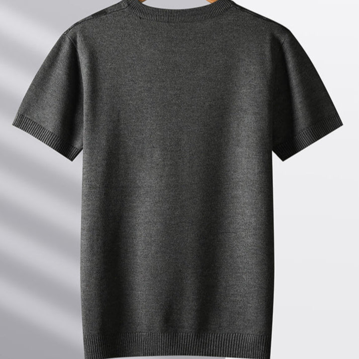Gray textured knit tee for men, featuring a distinct sculpted woodgrain pattern. Stylish, comfortable, and unique.