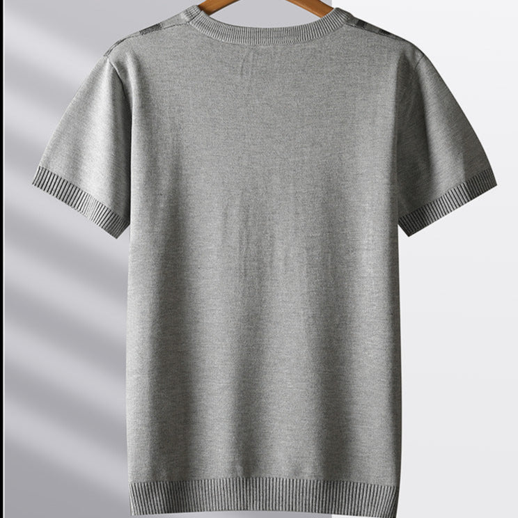 Black men's knit tee, a casual textured shirt with a unique sculpted woodgrain design. Breathable men's fashion.