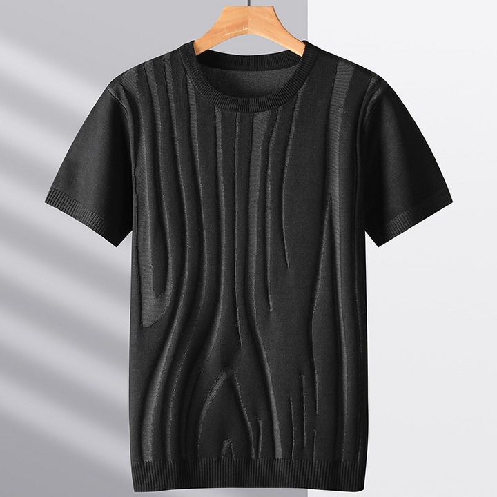 Casual men's charcoal knit tee, breathable textured shirt with a subtle sculpted woodgrain design. Everyday style.