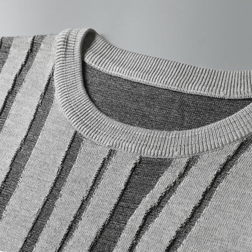 Men's gray textured knit tee, sculpted woodgrain design. Unique, breathable, and casual men's fashion shirt.