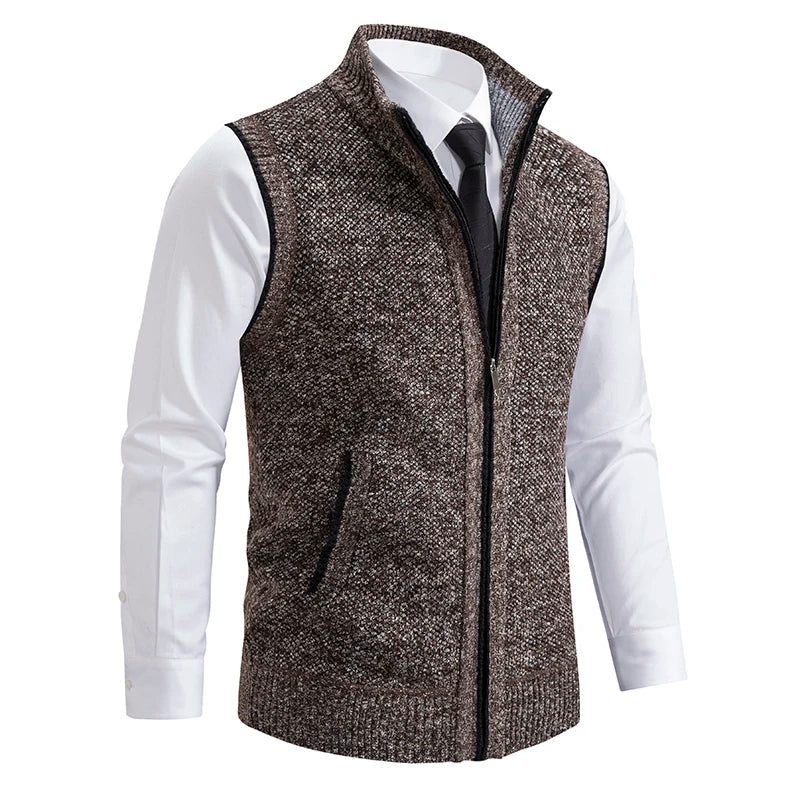 Men's charcoal wool full-zip vest with stylish red plaid lining; perfect for smart casual layering.