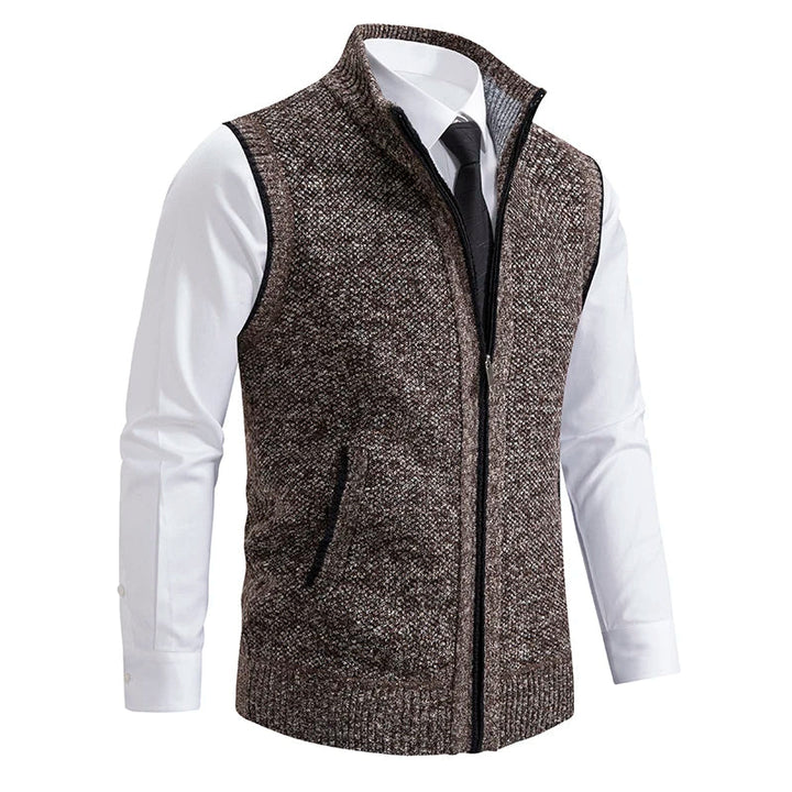 Men's charcoal wool full-zip vest with stylish red plaid lining; perfect for smart casual layering.