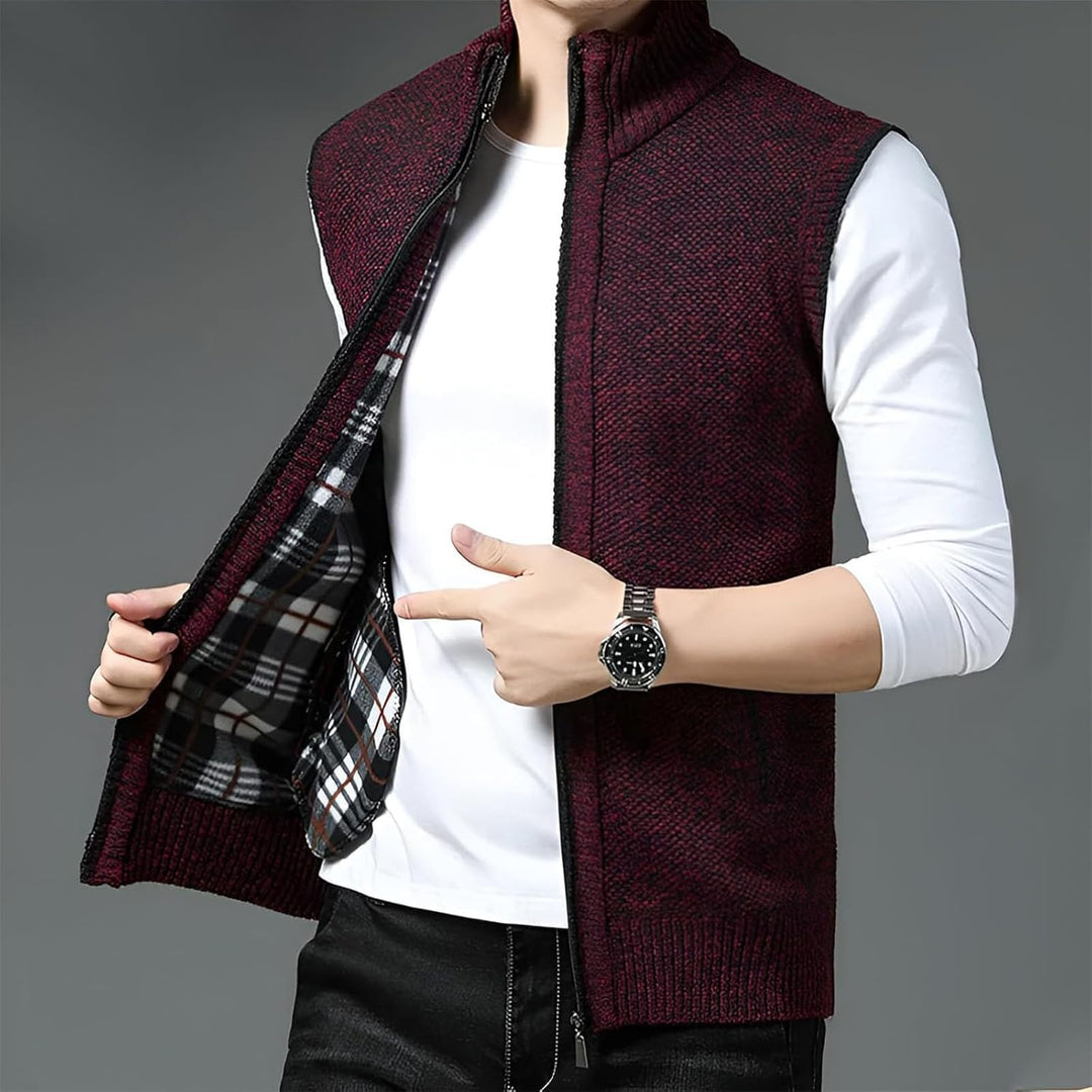 Modern men's full-zip wool vest with a vibrant plaid interior. Excellent for business casual or weekend wear.