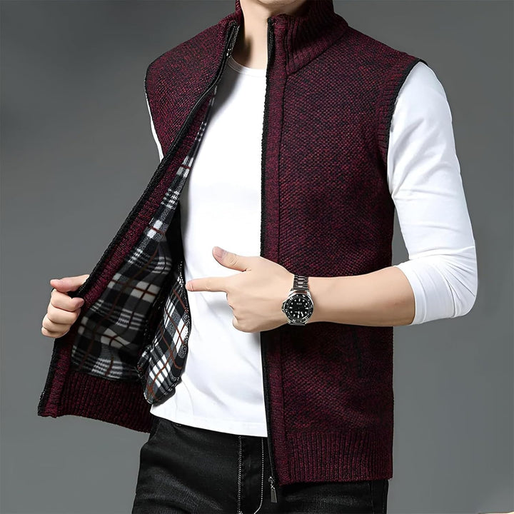 Modern men's full-zip wool vest with a vibrant plaid interior. Excellent for business casual or weekend wear.