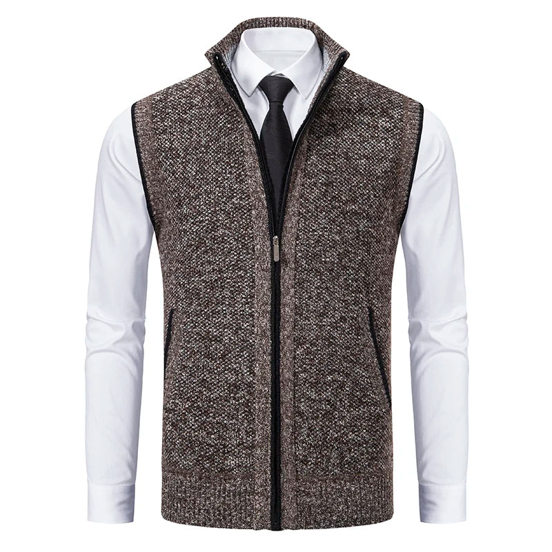 Warm men's wool vest, full-zip closure, featuring a classic plaid lining for fall & winter fashion.