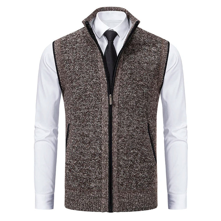 Warm men's wool vest, full-zip closure, featuring a classic plaid lining for fall & winter fashion.