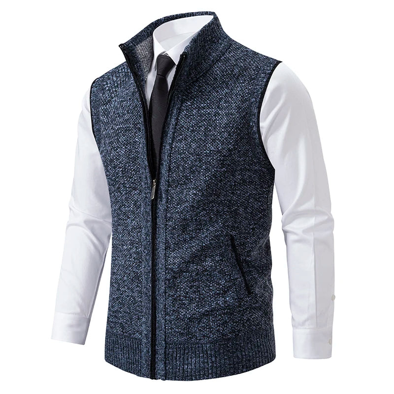 Fall fashion men's full-zip wool vest, soft texture, with eye-catching plaid lining. Great for warmth.