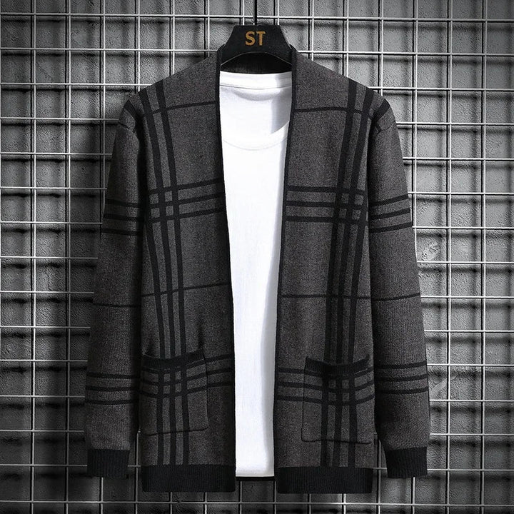 Men's Charter Plaid Knit Cardigan, open front for casual layering style.
