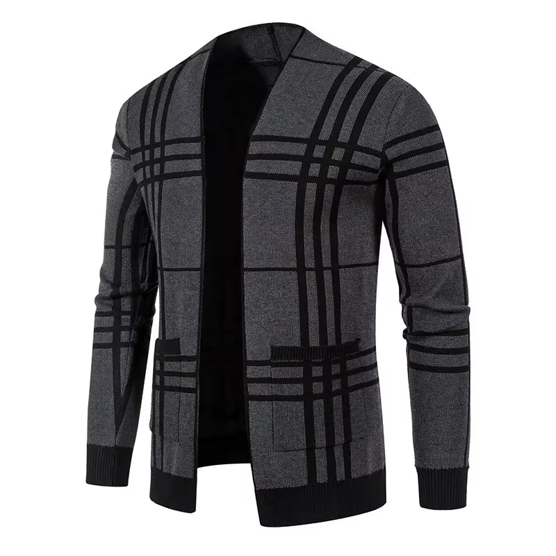 Men's casual open front plaid cardigan, soft knit for winter comfort.