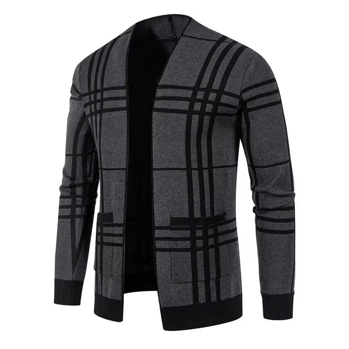 Men's casual open front plaid cardigan, soft knit for winter comfort.