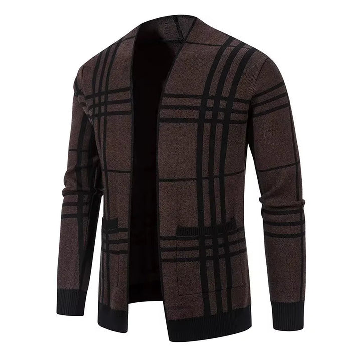 Modern men's knitwear: Charter Plaid cardigan, a versatile outerwear piece.