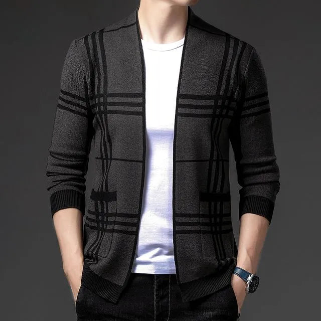 Comfortable men's knit plaid cardigan, perfect fall & winter outerwear.