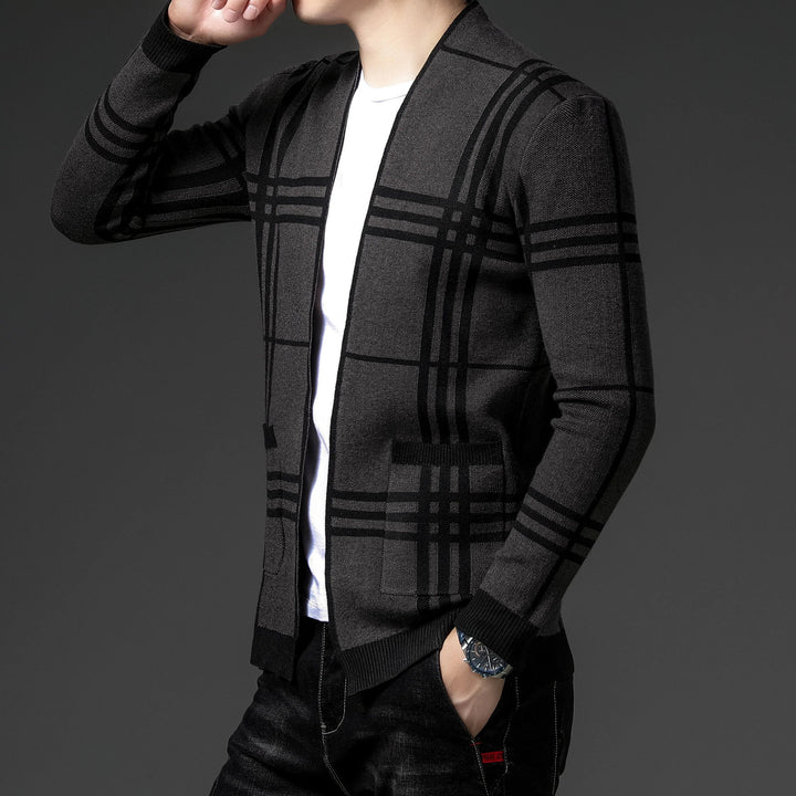 Tailored fit men's plaid knit cardigan for effortless casual style.