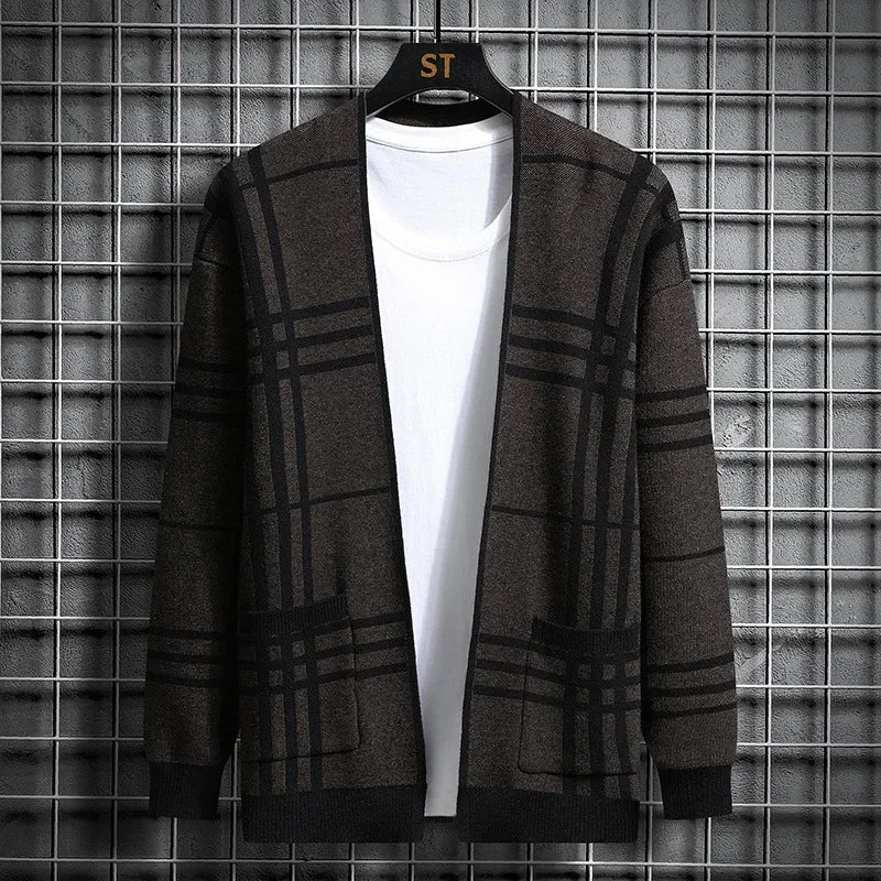 Men's open front knitwear cardigan with classic Charter Plaid pattern.