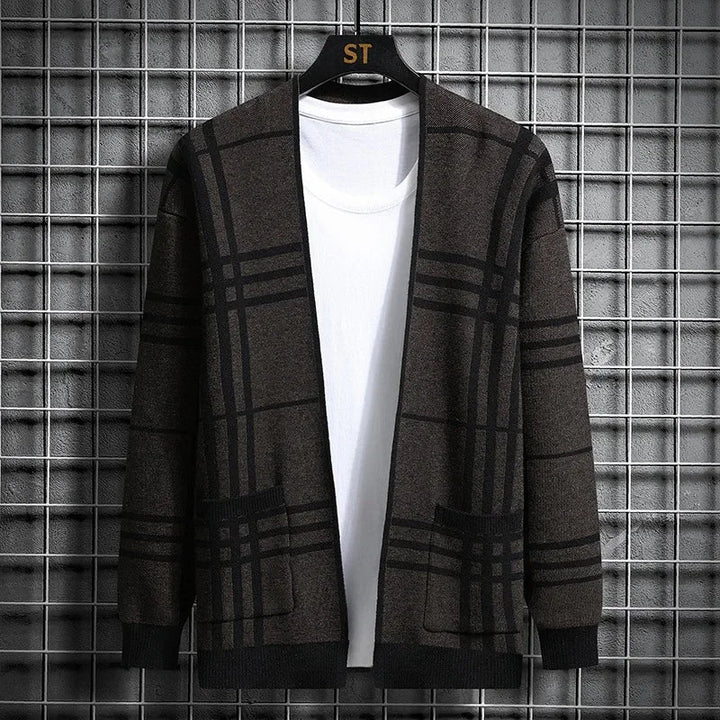 Men's open front knitwear cardigan with classic Charter Plaid pattern.