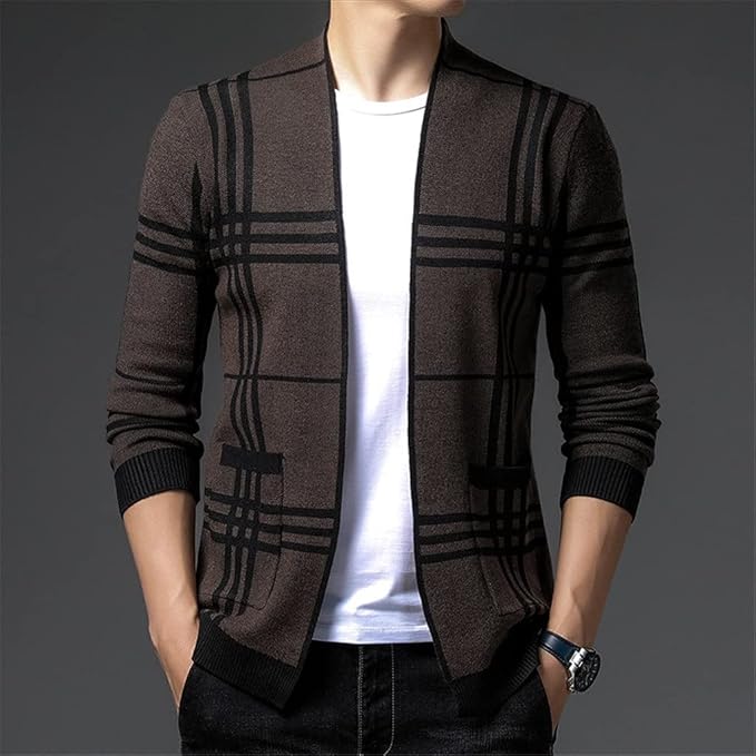 Effortless style men's plaid cardigan, ideal for layering in fall fashion.