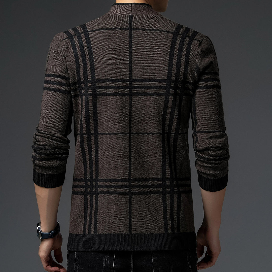 Soft knit men's plaid cardigan, comfortable and warm winter wear.