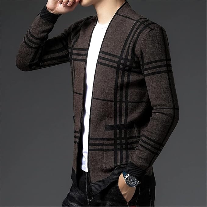 Stylish men's Charter Plaid knit cardigan, perfect for casual outfits.