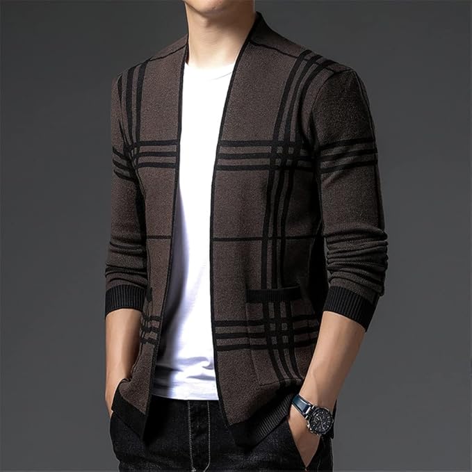 Men's tailored fit knit cardigan in sophisticated plaid design, open front.
